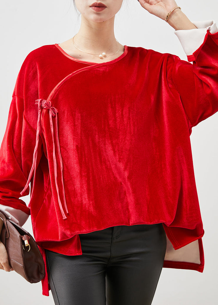 Women Red Oversized Bow Silk Velour Shirt Tops Spring