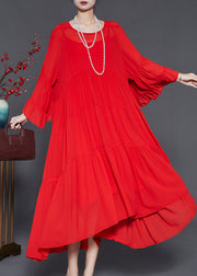 Women Red Oversized Exra Large Hem Chiffon Dresses Flare Sleeve