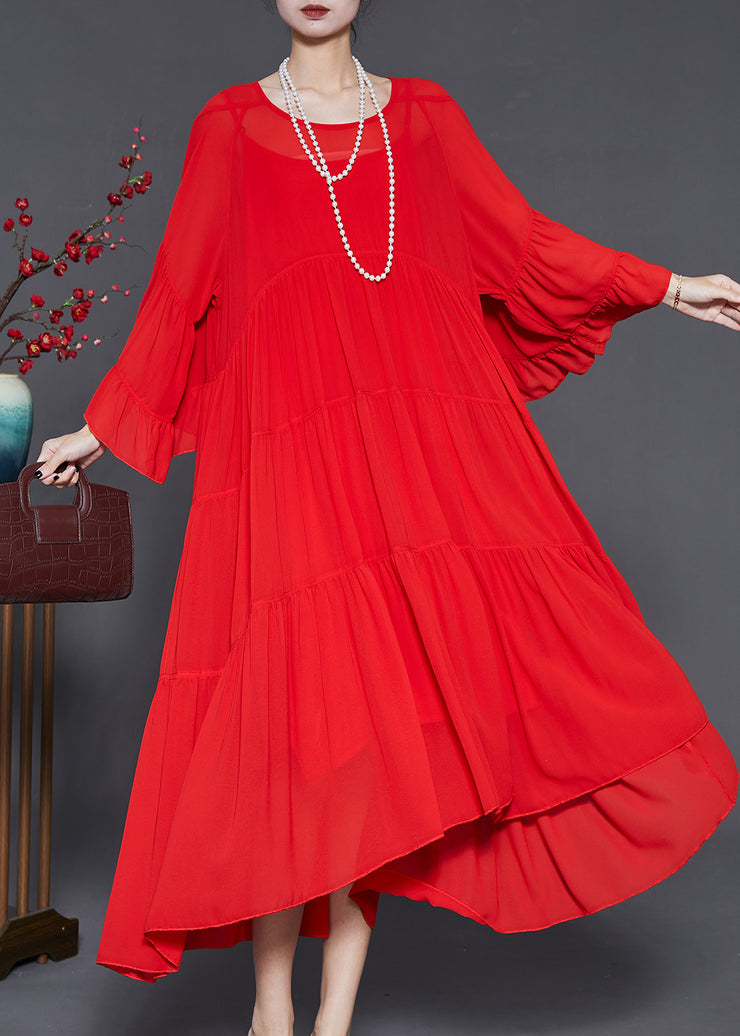 Women Red Oversized Exra Large Hem Chiffon Dresses Flare Sleeve