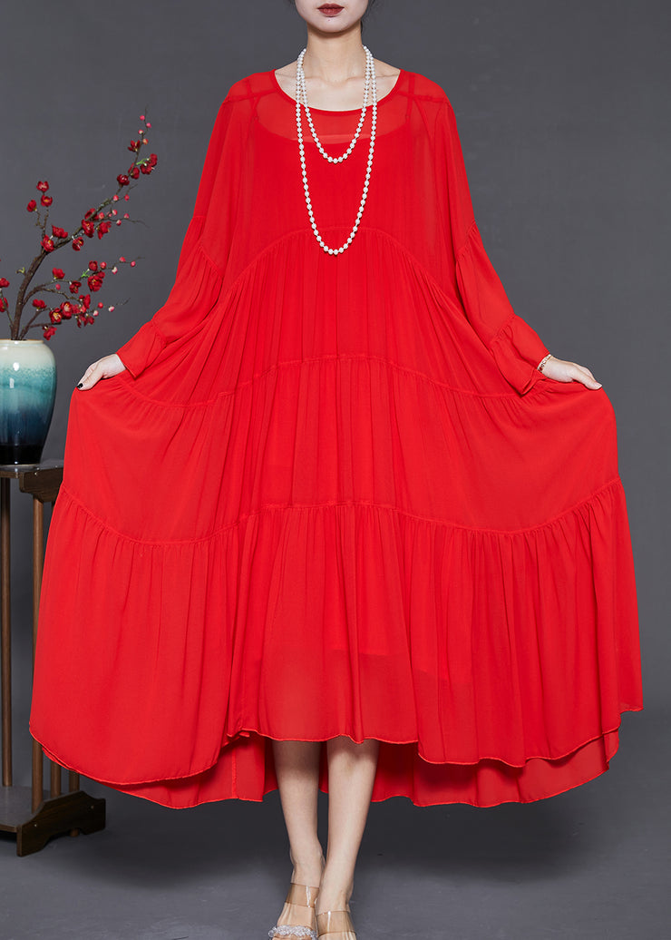 Women Red Oversized Exra Large Hem Chiffon Dresses Flare Sleeve