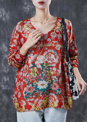 Women Red Oversized Floral Zircon Knit Sweater Spring