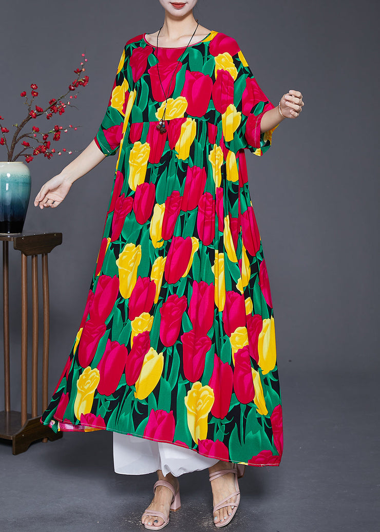 Women Red Oversized Print Cotton Long Dresses Summer