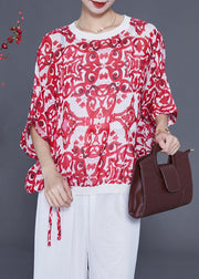 Women Red Oversized Print Drawstring Cotton Tanks Batwing Sleeve