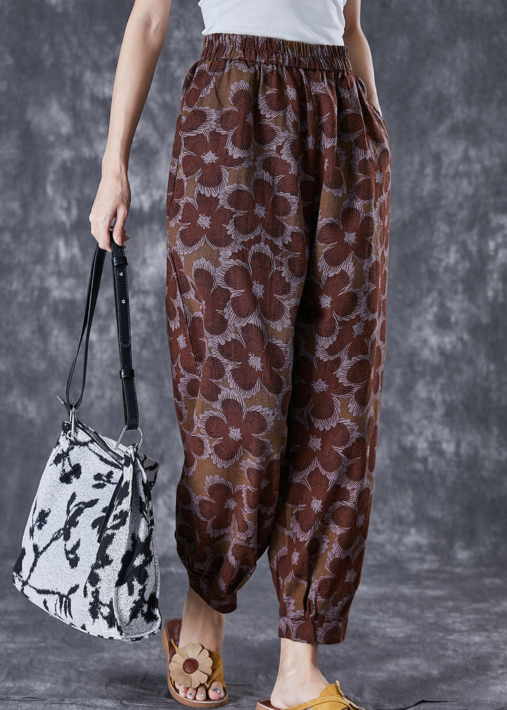 Women Red Oversized Print Linen Harem Pants Summer