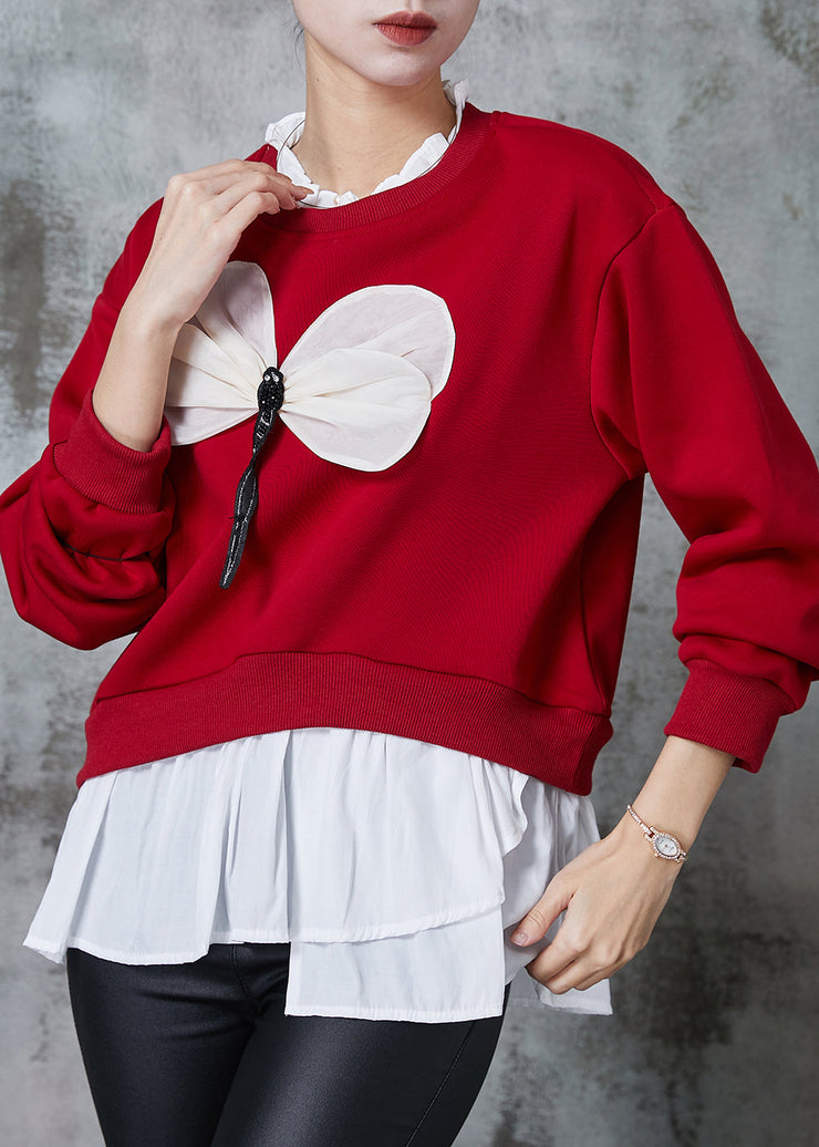 Women Red Patchwork Dragonfly Cotton Sweatshirts Top Spring