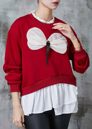 Women Red Patchwork Dragonfly Cotton Sweatshirts Top Spring