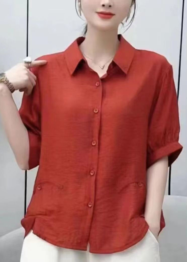 Women Red Peter Pan Collar Low High Design Silk Shirt Short Sleeve