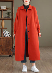 Women Red Peter Pan Collar Pockets Long Trench Coat Long Sleeve