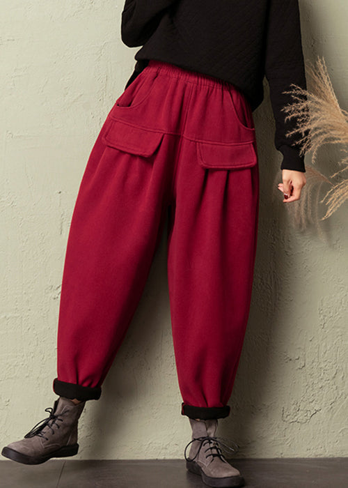 Women Red Pockets High Waist Cotton Pants Spring