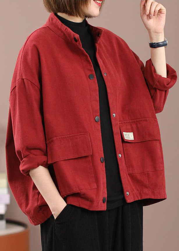 Women Red Pockets Patchwork Denim Jackets Spring