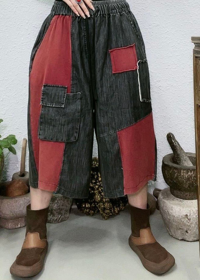 Women Red Pockets Patchwork Denim Wide Leg Pants Summer