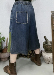 Women Red Pockets Patchwork Denim Wide Leg Pants Summer