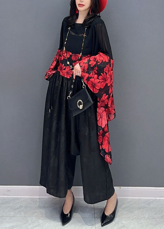 Women Red Print Asymmetrical Patchwork Chiffon Blouses Batwing Sleeve