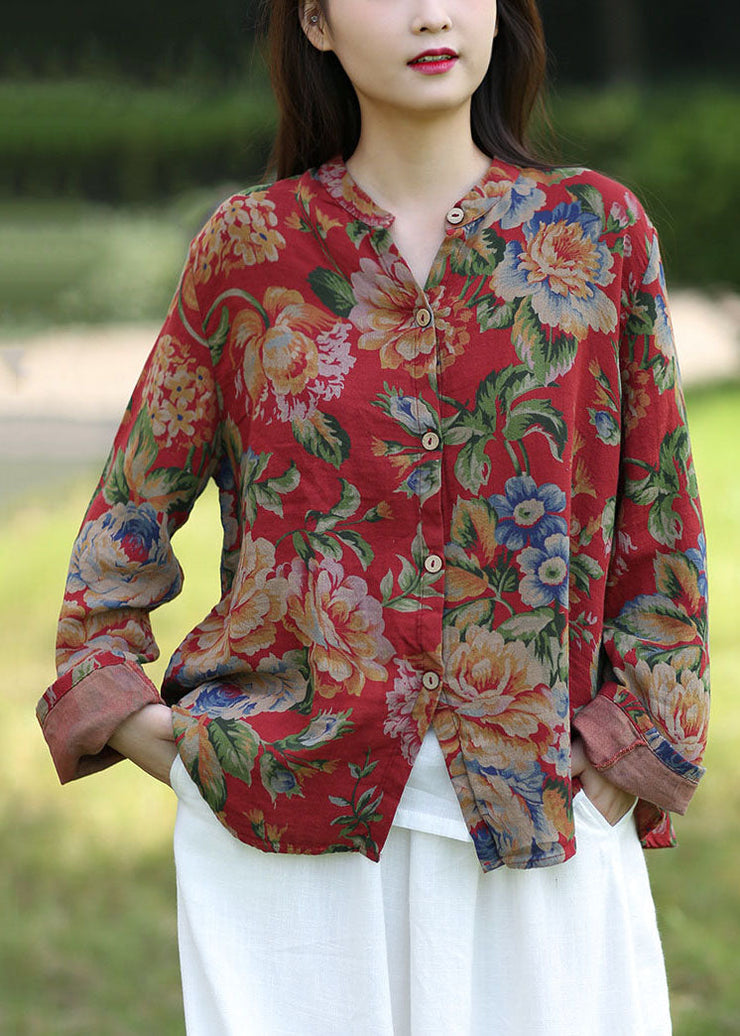 Women Red Print O-Neck Cotton Shirt Top Spring