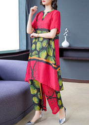 Women Red Print Tops And Pants Silk Two Pieces Set Summer