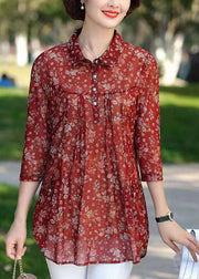 Women Red Print Wrinkled Patchwork Chiffon Shirt Tops Summer