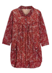 Women Red Print Wrinkled Patchwork Chiffon Shirt Tops Summer