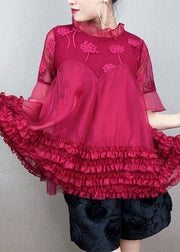 Women Red Ruffled Embroideried Patchwork Tulle Shirt Top Summer