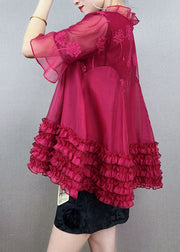 Women Red Ruffled Embroideried Patchwork Tulle Shirt Top Summer