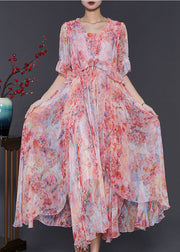 Women Red Ruffled Tie Dye Chiffon Robe Dresses Summer