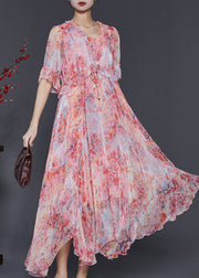 Women Red Ruffled Tie Dye Chiffon Robe Dresses Summer