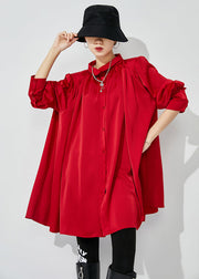 Women Red Stand Collar Oversized Wrinkled Silk Shirt Top Spring