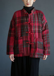 Women Red Stand Collar Pockets Plaid Fine Cotton Filled Coats Winter