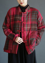 Women Red Stand Collar Pockets Plaid Fine Cotton Filled Coats Winter