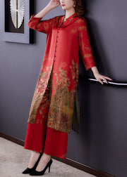 Women Red Stand Collar Print Draping Silk Two Pieces Set Summer