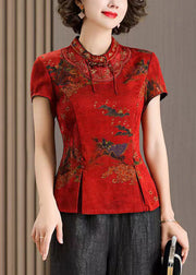 Women Red Stand Collar Print Side Cpen Silk T Shirt Summer