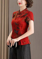 Women Red Stand Collar Print Side Cpen Silk T Shirt Summer