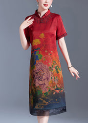 Women Red Stand Collar Print Silk Dress Short Sleeve