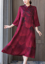 Women Red Stand Collar Print Silk Robe Dresses Bracelet Sleeve