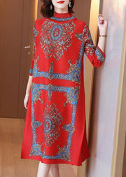 Women Red Stand Collar Wrinkled Print Silk Long Dresses Vestidos Bracelet Sleeve