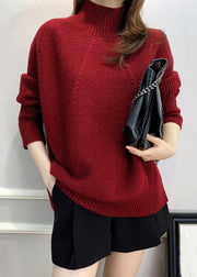 Women Red Turtleneck Cozy Cotton Knit Sweater Fall