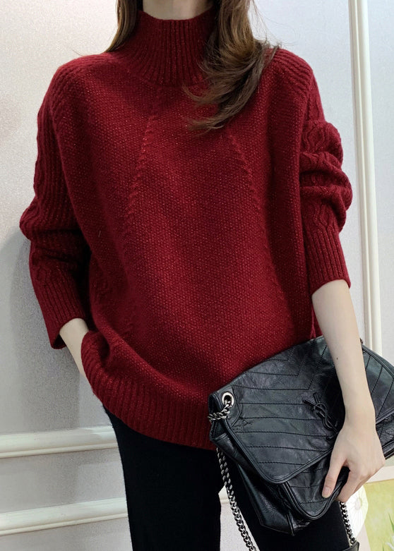 Women Red Turtleneck Cozy Cotton Knit Sweater Fall