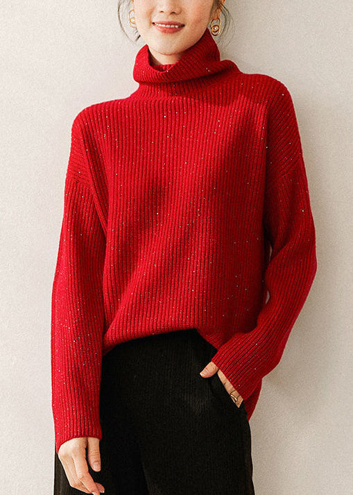 Women Red Turtleneck Cozy Knit Sweaters Long Sleeve