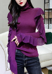 Women Red Turtleneck Ruffled Patchwork Knit Tops Long Sleeve