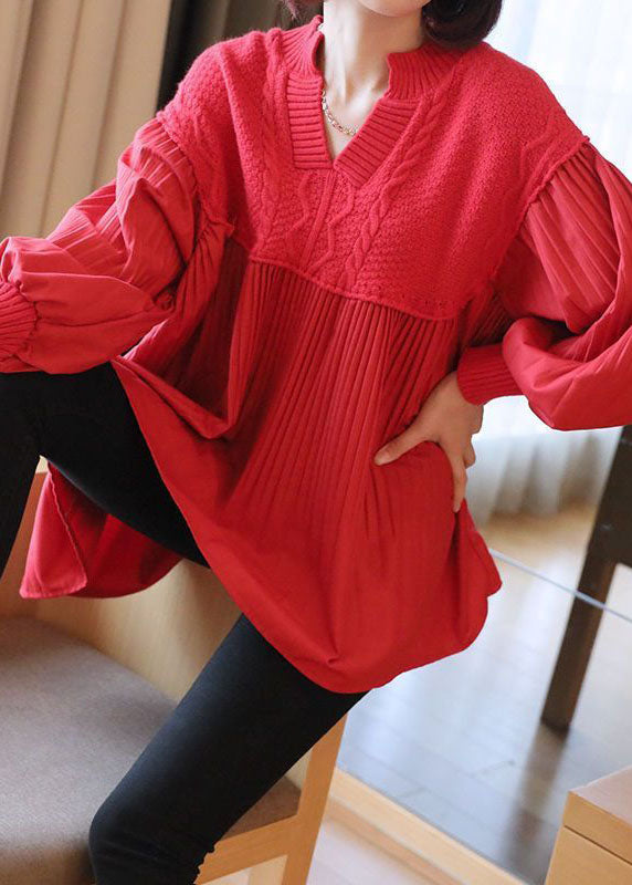 Women Red V Neck Patchwork Knit Tops Spring