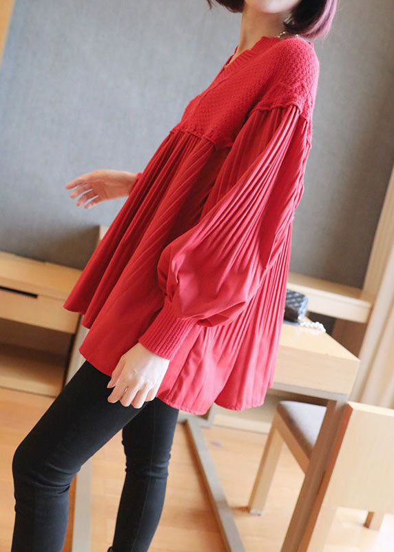 Women Red V Neck Patchwork Knit Tops Spring