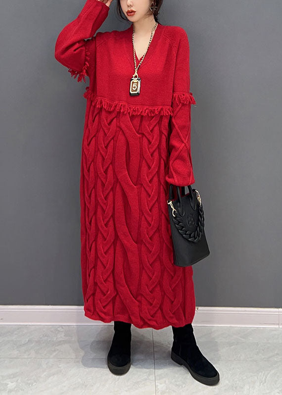 Women Red V Neck Patchwork Tassel Knit Loose Sweater Dress Winter