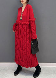 Women Red V Neck Patchwork Tassel Knit Loose Sweater Dress Winter