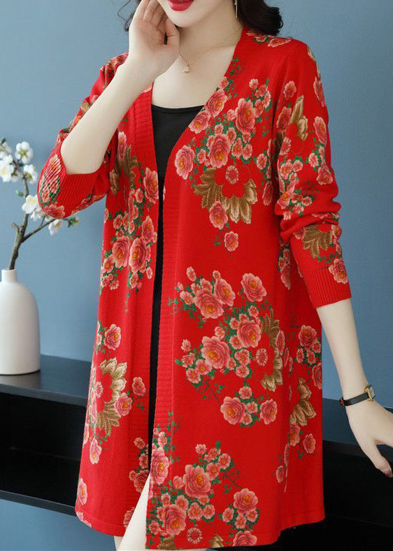 Women Red V Neck Print Wool Knit Cardigan Long Sleeve