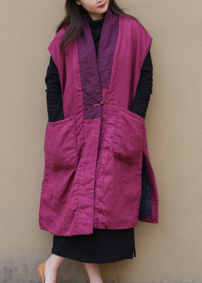 Women Red V Neck Warm Fleece Side Open Button Waistcoat Winter