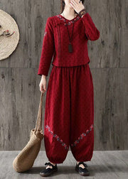 Women Red V Neck Wrinkled Embroideried Cotton Two Piece Set Spring