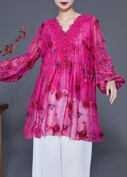 Women Rose Embroideried Patchwork Lace Tops Lantern Sleeve