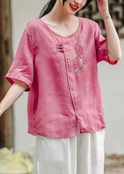 Women Rose O-Neck Side Open Patchwork Cotton T Shirt Summer