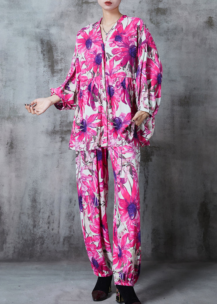 Women Rose Oversized Print Cotton Two Pieces Set Summer