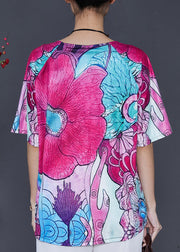 Women Rose Oversized Print Silk Blouse Top Summer