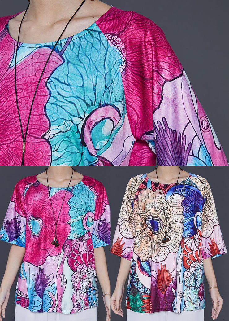 Women Rose Oversized Print Silk Blouse Top Summer